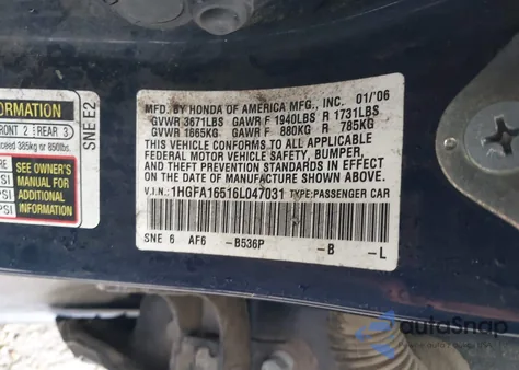 2006 Honda Civic Lx z USA, uszkodzony, nr VIN 1HGFA16516L047031